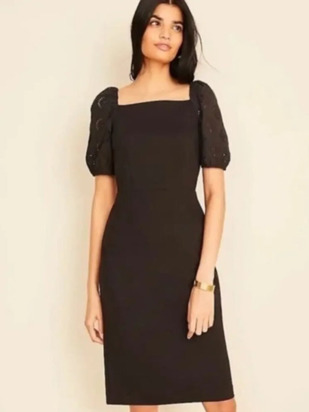 NWT$139 Ann‎ Taylor Eyelet Square Neck Puff Sleeve Stretch Black Sheath Dress 4P
